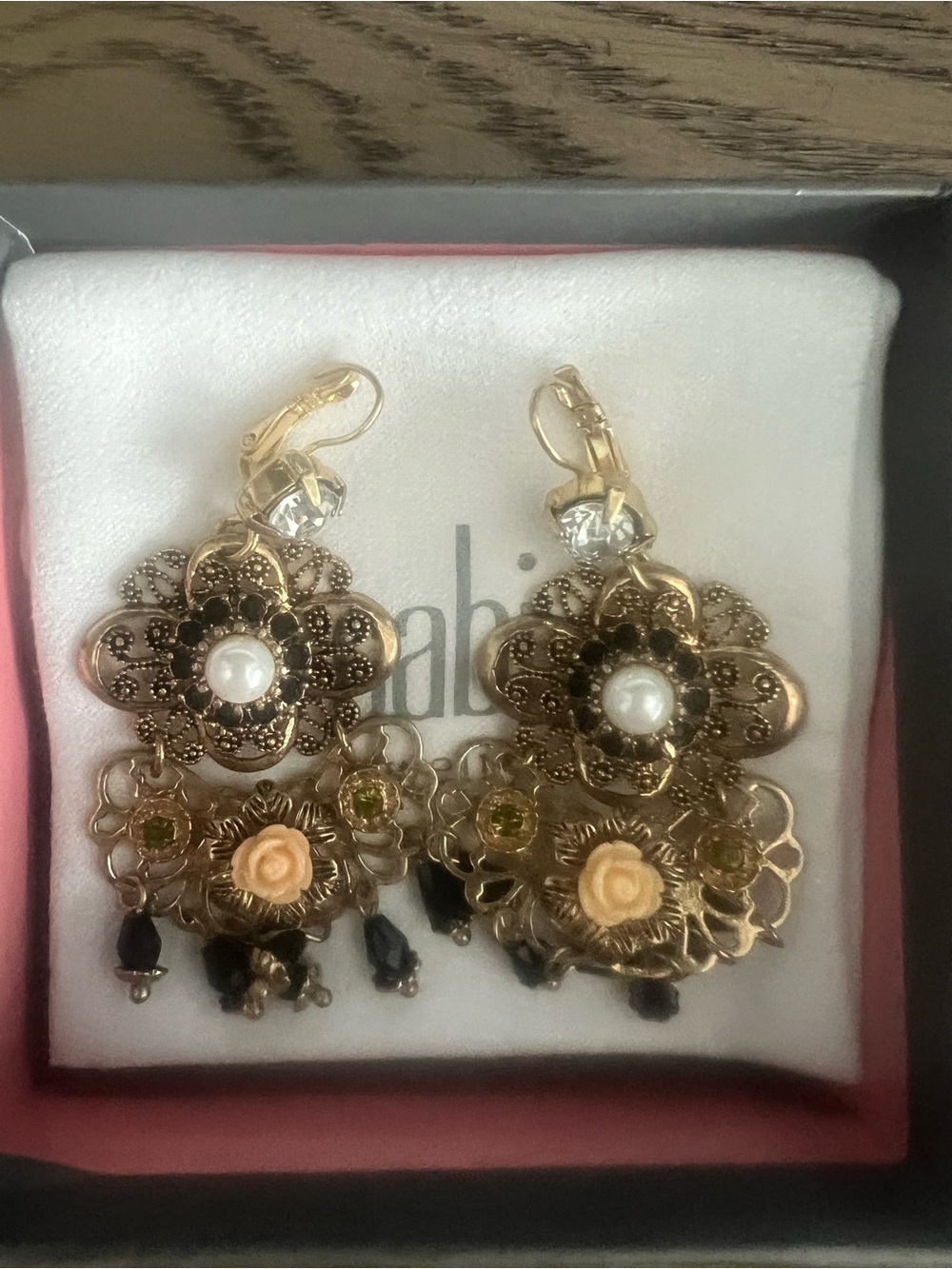 CAbi Gold Filigree Floral Drop Earrings with Peach Roses and Black Beads